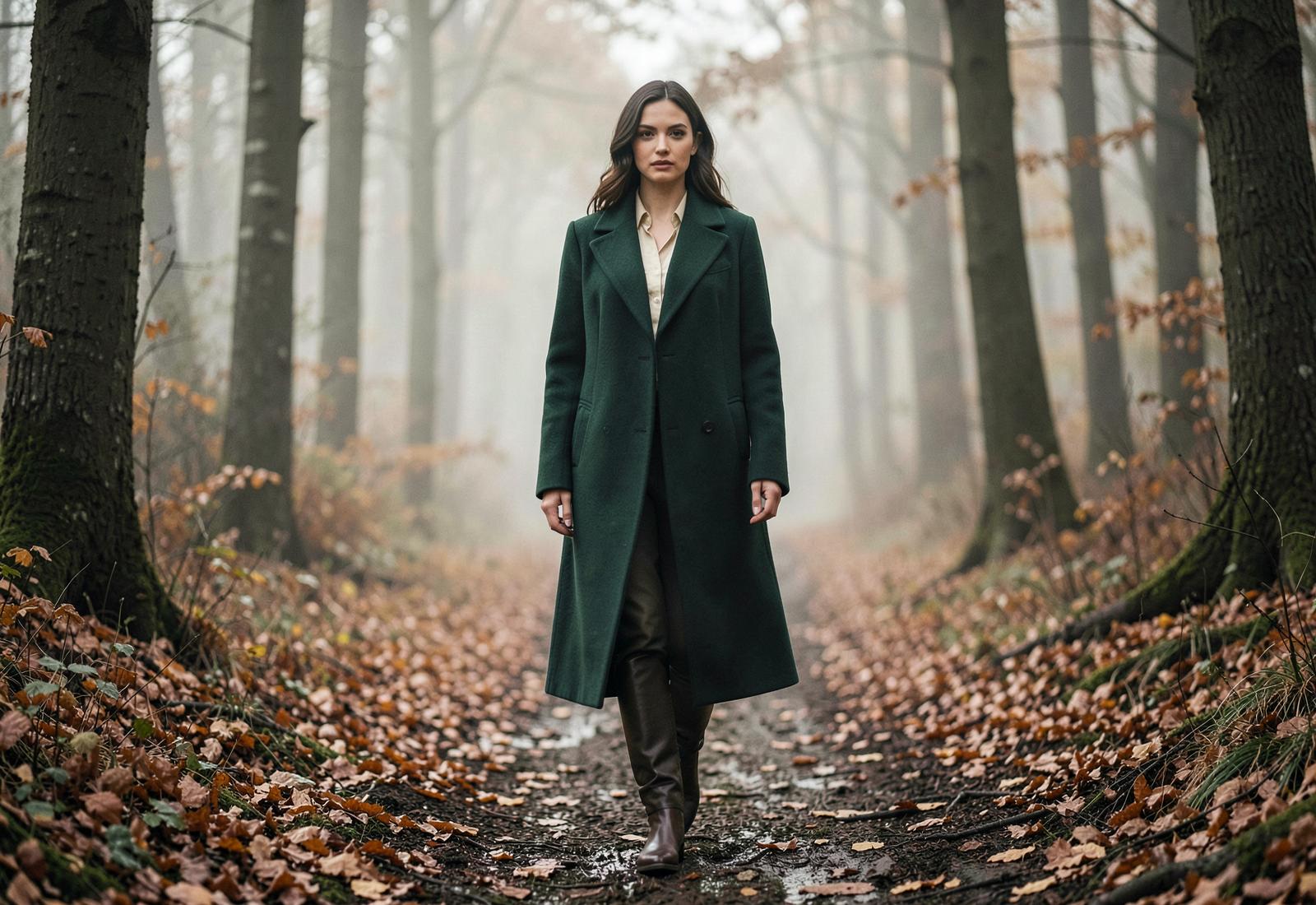 Woman wearing a deep green Grayhaven wool coat in an autumn forest
